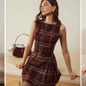 Commense Checked Pleated Tank Dress Without Belt